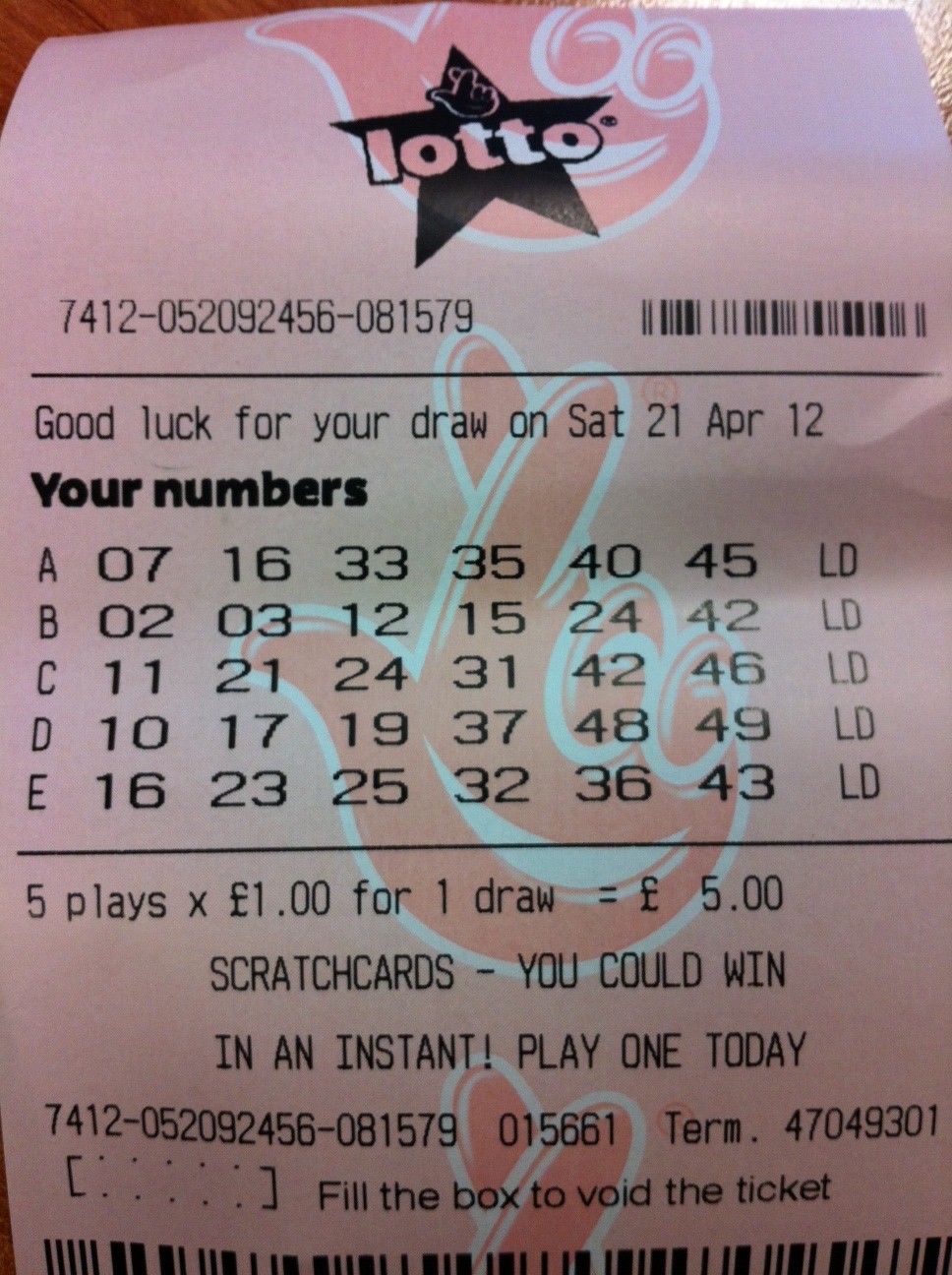 Lotto numbers for 21/04/12