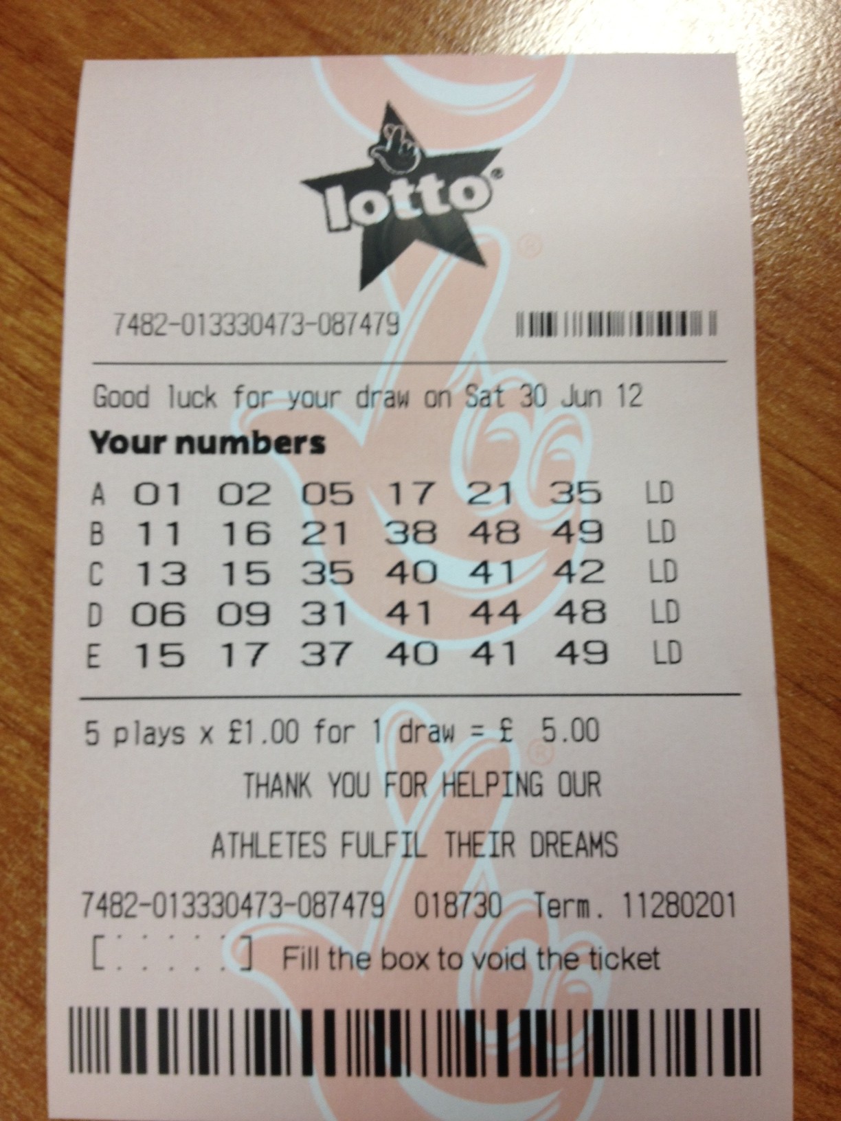 Lottery ticket for Saturday 30th June