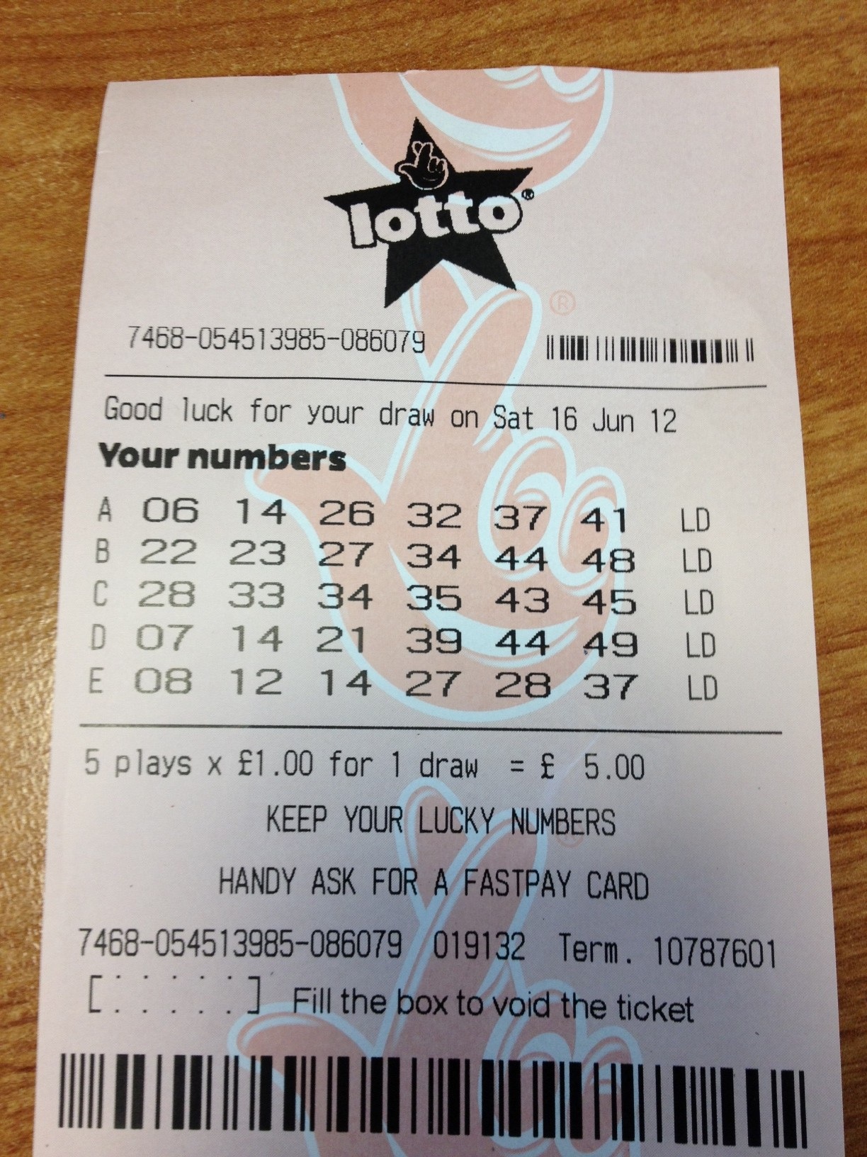 Lottery Ticket for Saturday 16th June