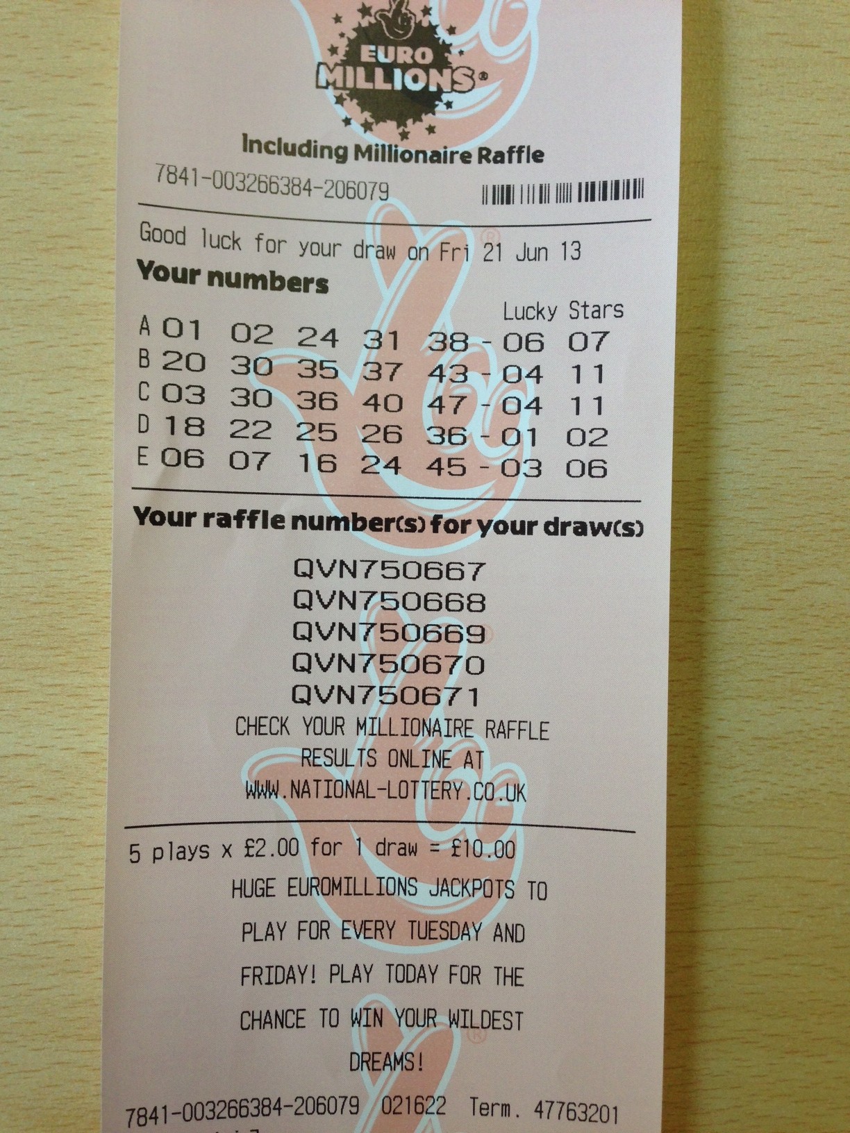 Euro Millions £144,000,000 jackpot – 21.06.13.